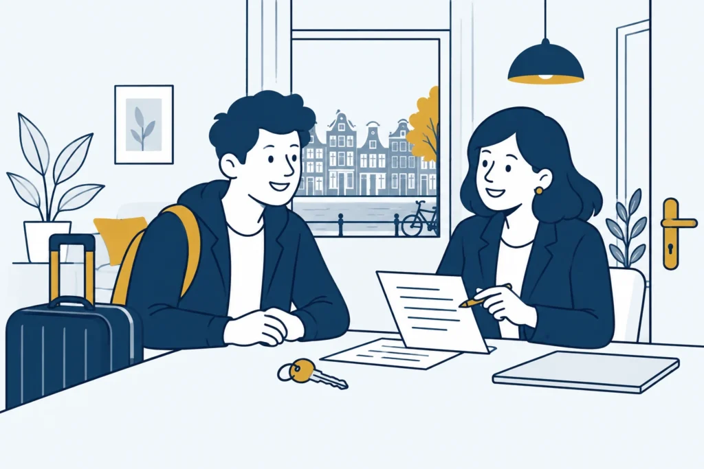 Osoba z walizką omawia umowę najmu mieszkania w Holandii z doradcą.