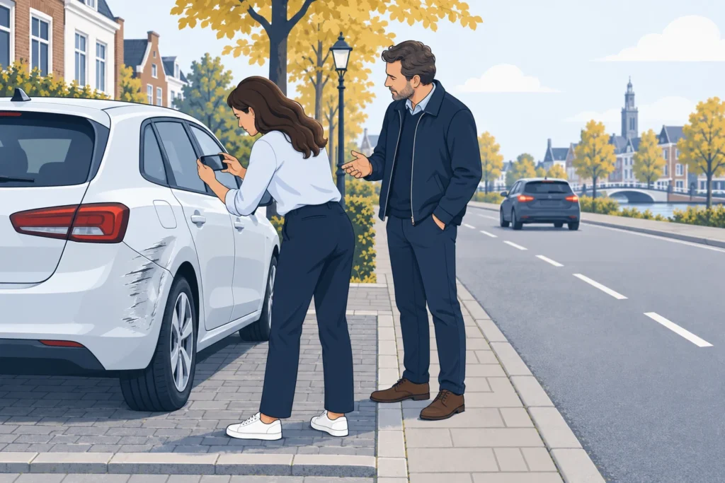 Poszkodowana fotografuje uszkodzenie samochodu przy bezpiecznym parkingu, obok stoi świadek.