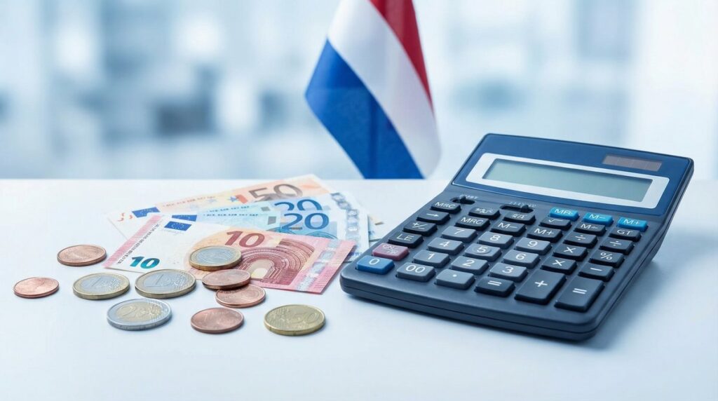 Banknoty i monety euro obok kalkulatora na biurku, w tle flaga Holandii