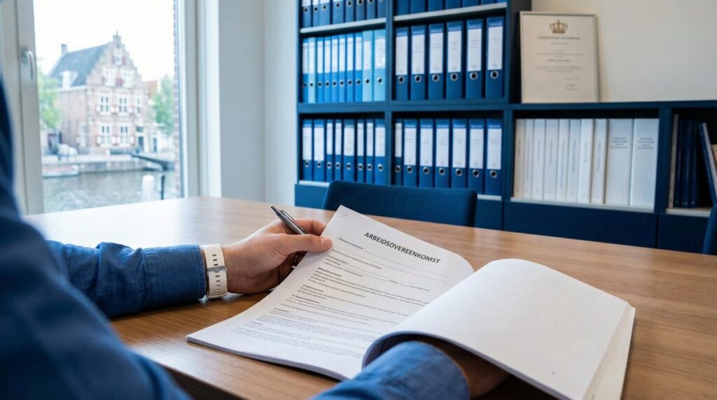 Dłoń z długopisem nad holenderską umową o pracę, w tle segregatory w kancelarii