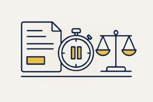 Pasek wypłaty z potrąceniem, zegar przerwy i waga jako symbol kary od pracodawcy w Holandii