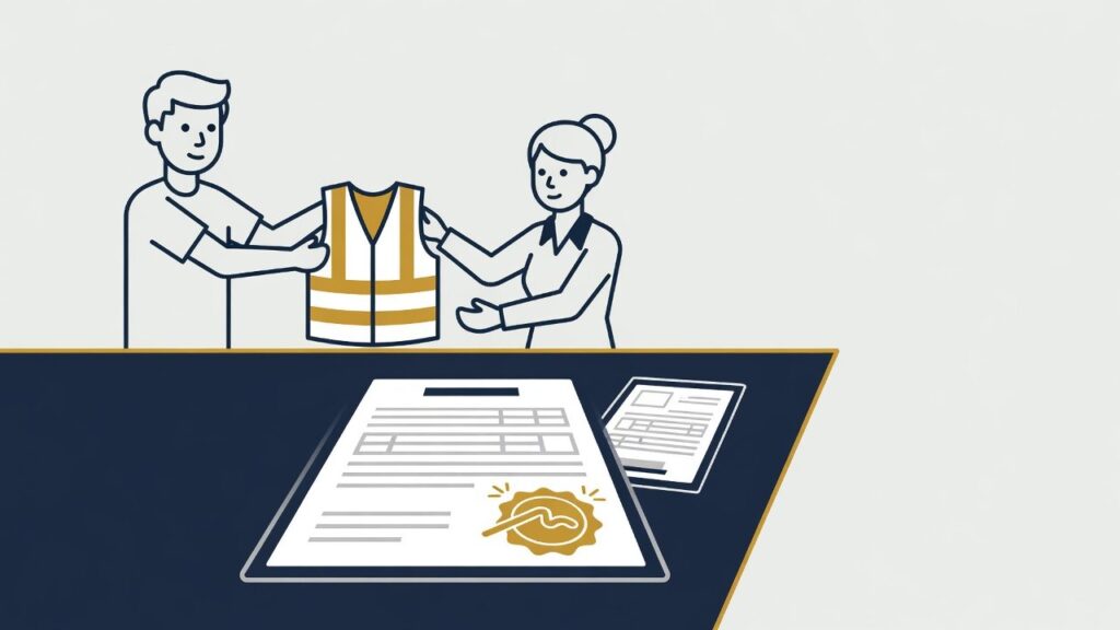 Ilustracja pracownika tymczasowego i przedstawiciela agencji przy dokumentach zatrudnienia.