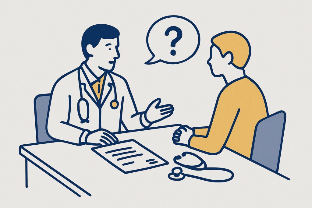 Ilustracja rozmowy lekarza z pacjentem przed zabiegiem jako symbol świadomej zgody pacjenta