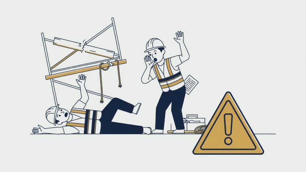 Ilustracja wypadku na rusztowaniu oraz znaku ostrzegawczego na budowie.