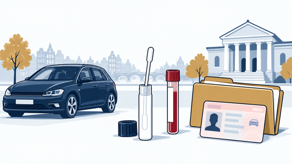 Ilustracja samochodu, zestawu do badania śliny, próbki krwi i prawa jazdy.