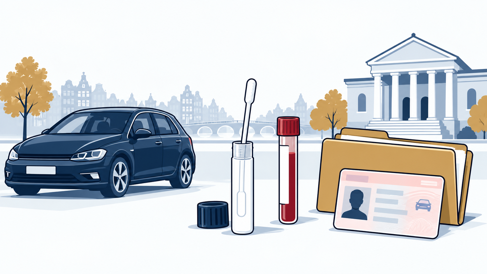 Ilustracja samochodu, zestawu do badania śliny, próbki krwi i prawa jazdy.