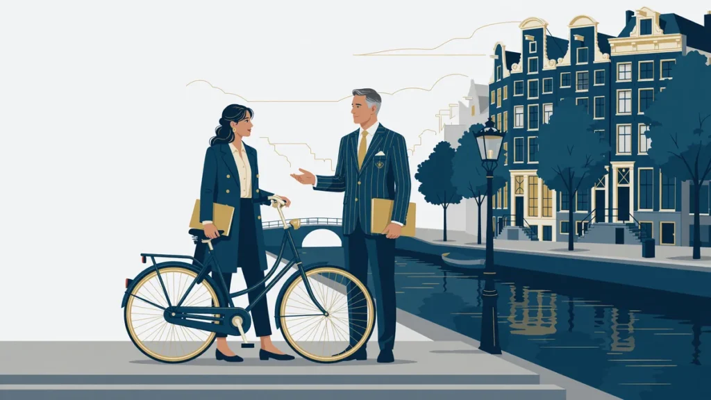 Rowerzystka omawia zdarzenie z adwokatem na tle amsterdamskich kamienic.