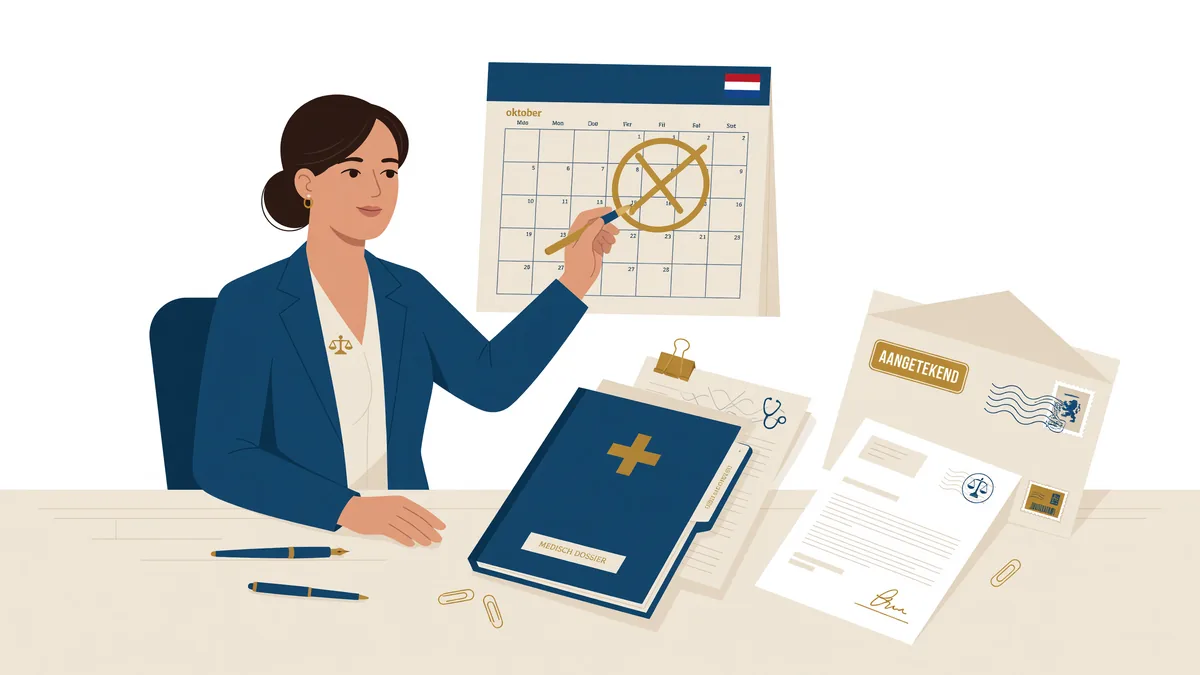 Adwokatka sprawdza daty korespondencji i dokumentacji medycznej.