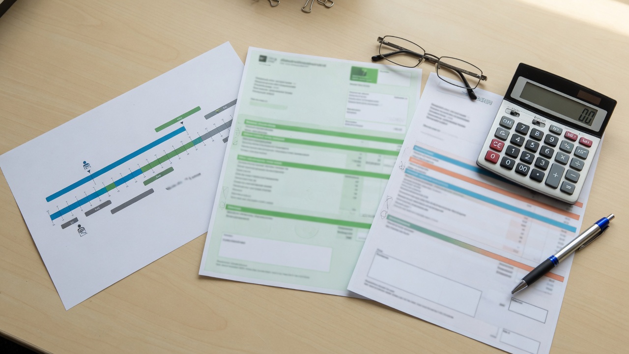 Biurko z kalkulatorem, paskiem wynagrodzenia i osią czasu zatrudnienia — elementy potrzebne do wyliczenia odprawy