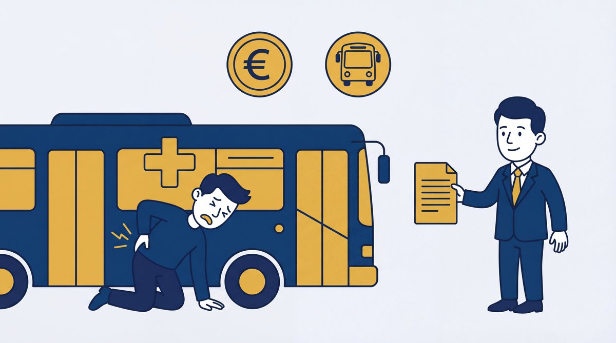 Wnętrze autobusu po gwałtownym hamowaniu; poszkodowany pasażer