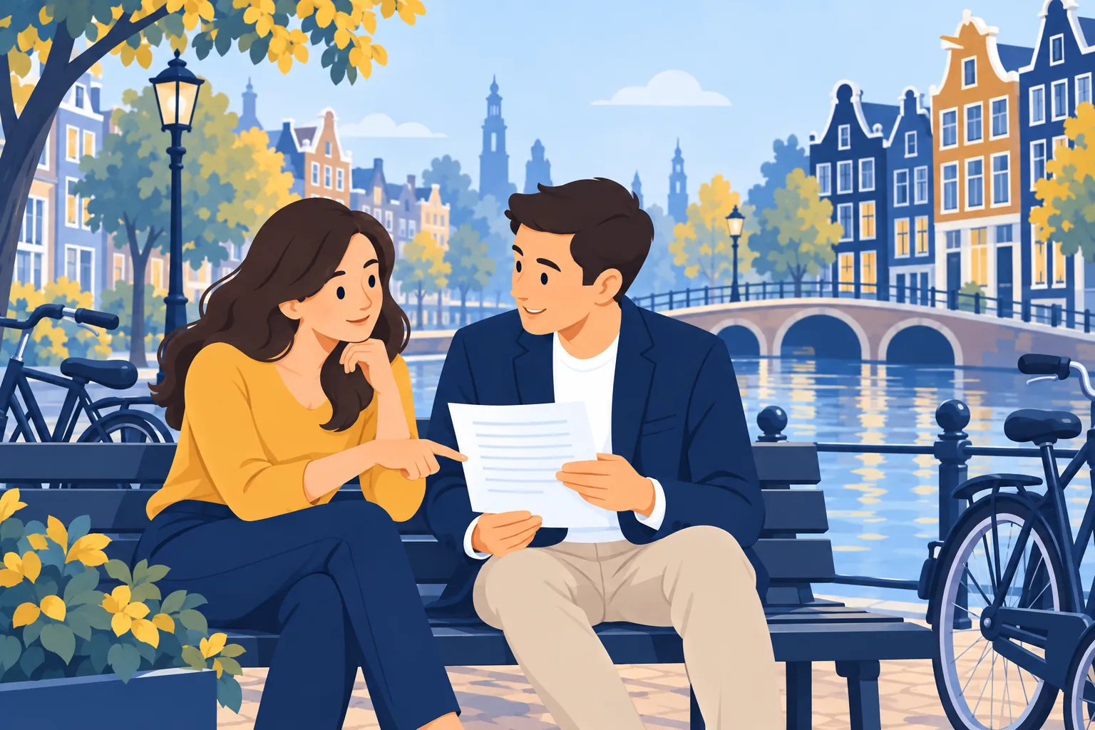 Ilustracja: para przegląda dokumenty na ławce nad kanałem w Amsterdamie.