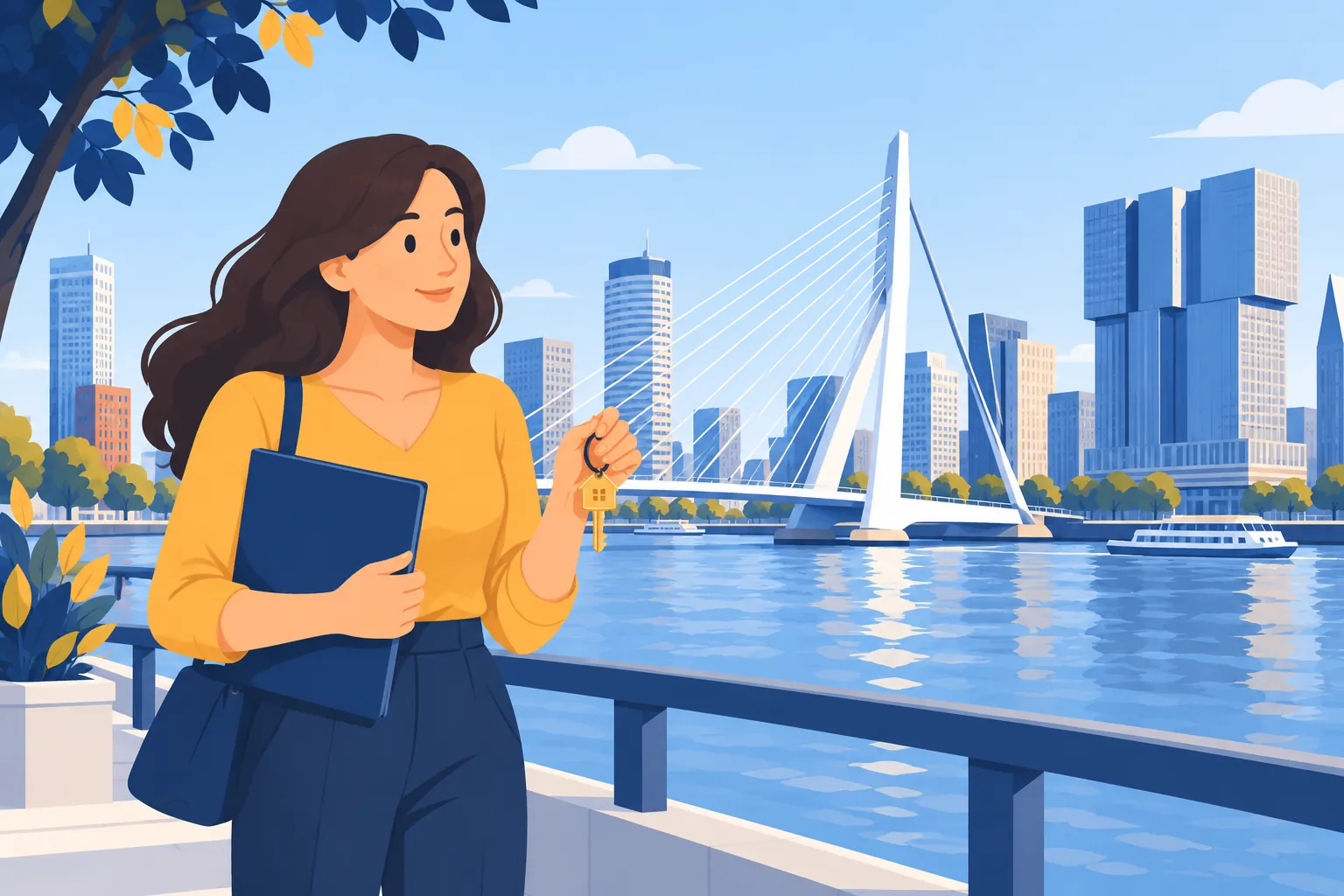 Ilustracja: kobieta z teczką i kluczami nad wodą w Rotterdamie, z mostem Erasmusa w tle.