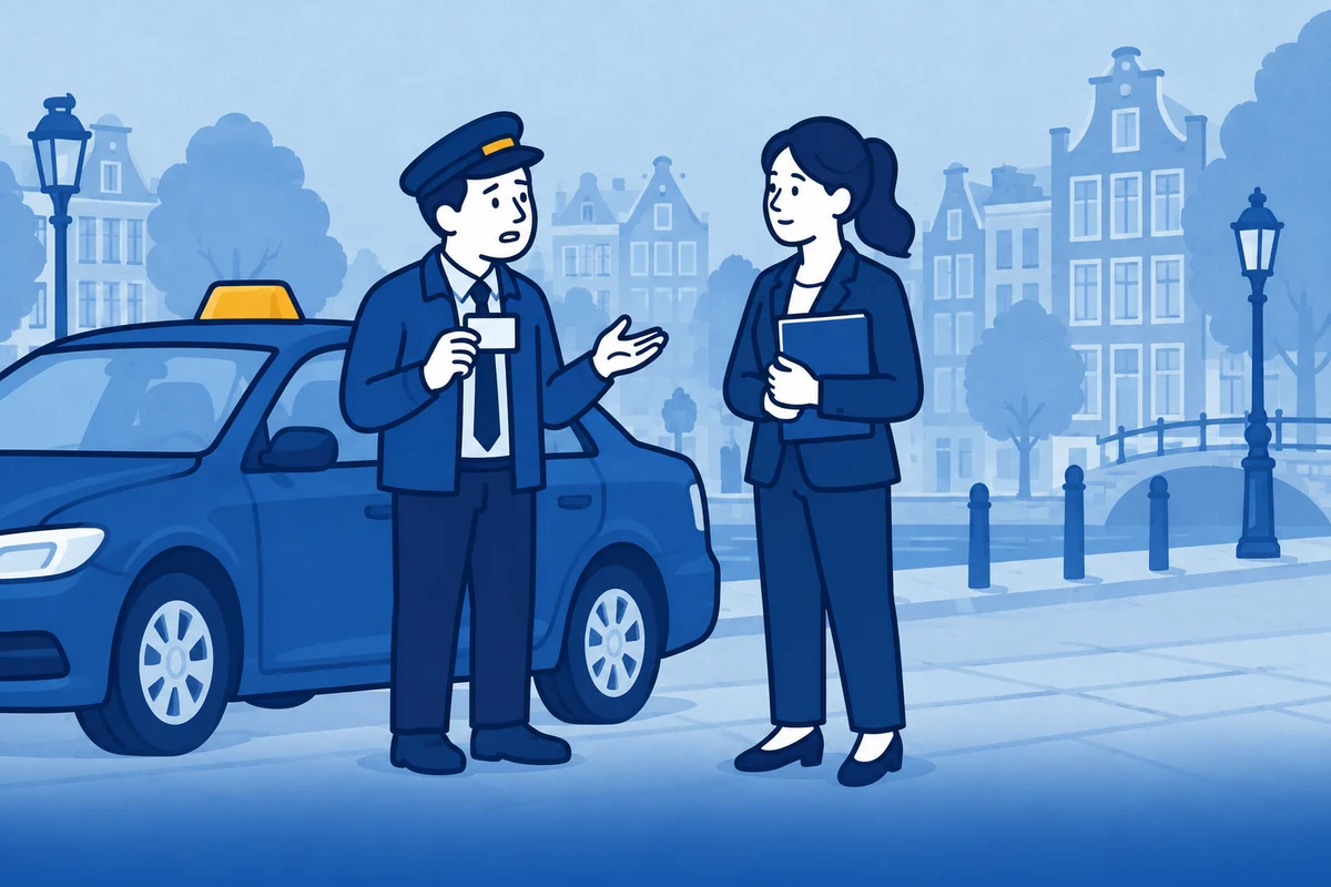 Kierowca taxi w Holandii sprawdza VOG i chauffeurskaart na telefonie