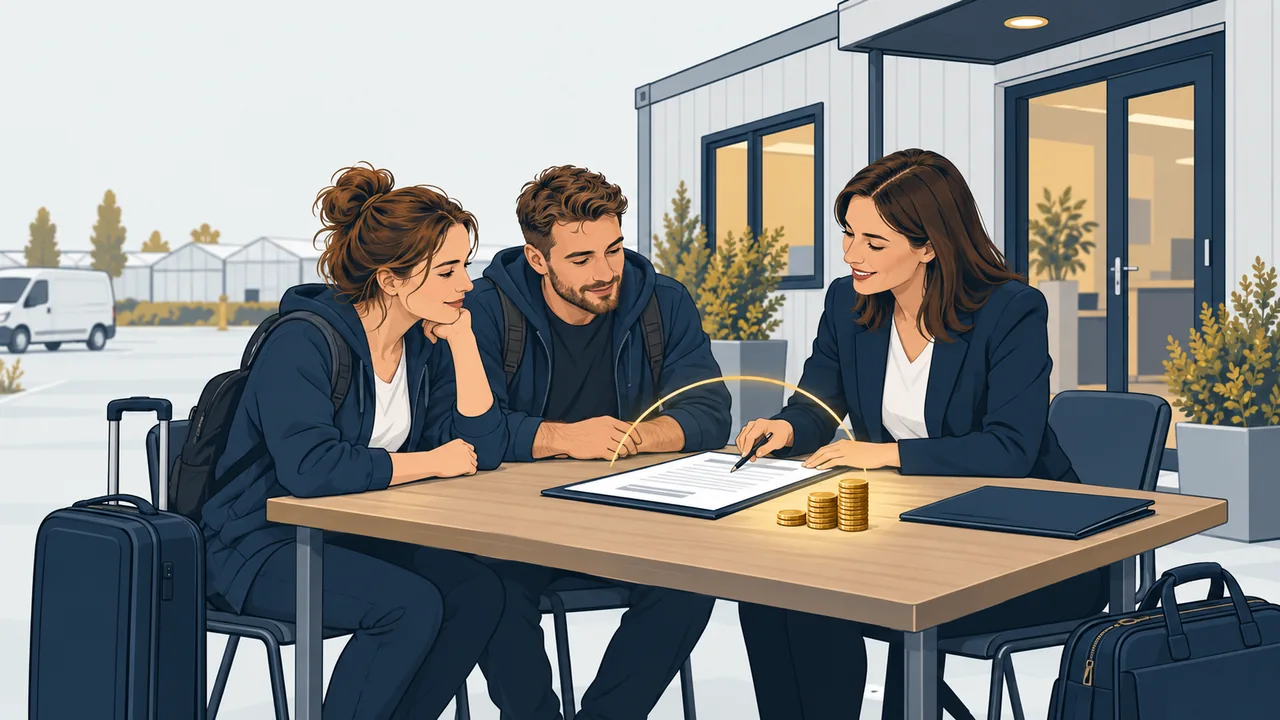Przyjeżdżający pracownicy z bagażami omawiają umowę i dochód z doradcą.