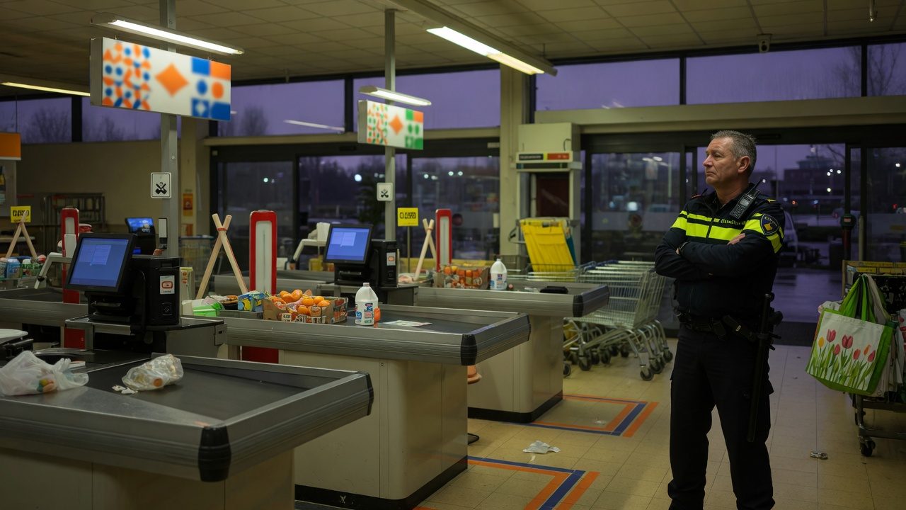 Kasy w supermarkecie wieczorem i ochroniarz w pobliżu
