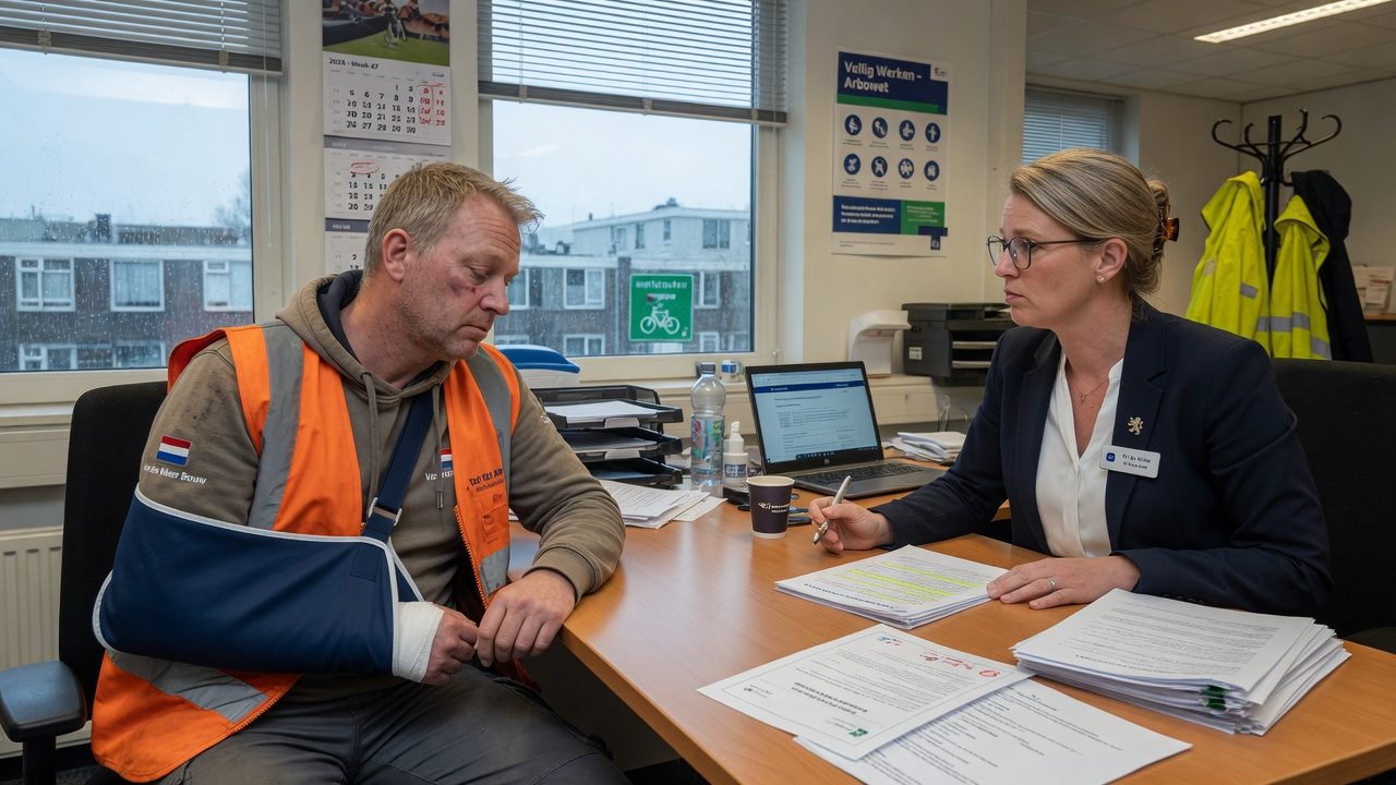 Poszkodowany pracownik z ręką na temblaku w rozmowie z działem kadr
