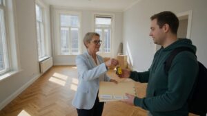 Właścicielka przekazuje klucze i dokumenty nowemu najemcy w pustym mieszkaniu w Holandii
