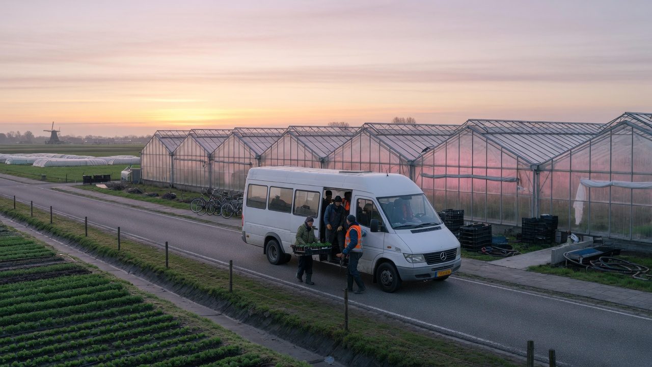 Bus z pracownikami na wiejskiej drodze przy szklarniach