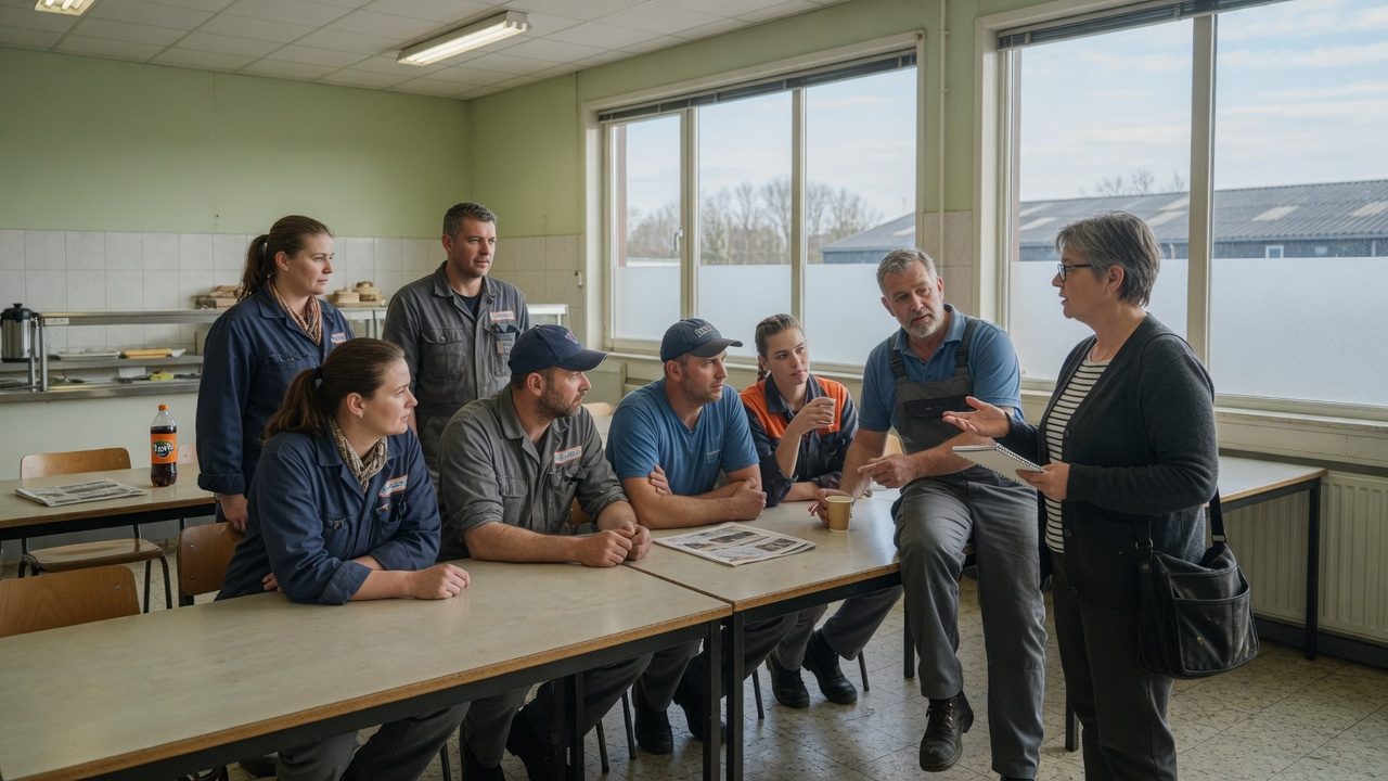 Pracownicy rozmawiają z przedstawicielem związku zawodowego w stołówce zakładu